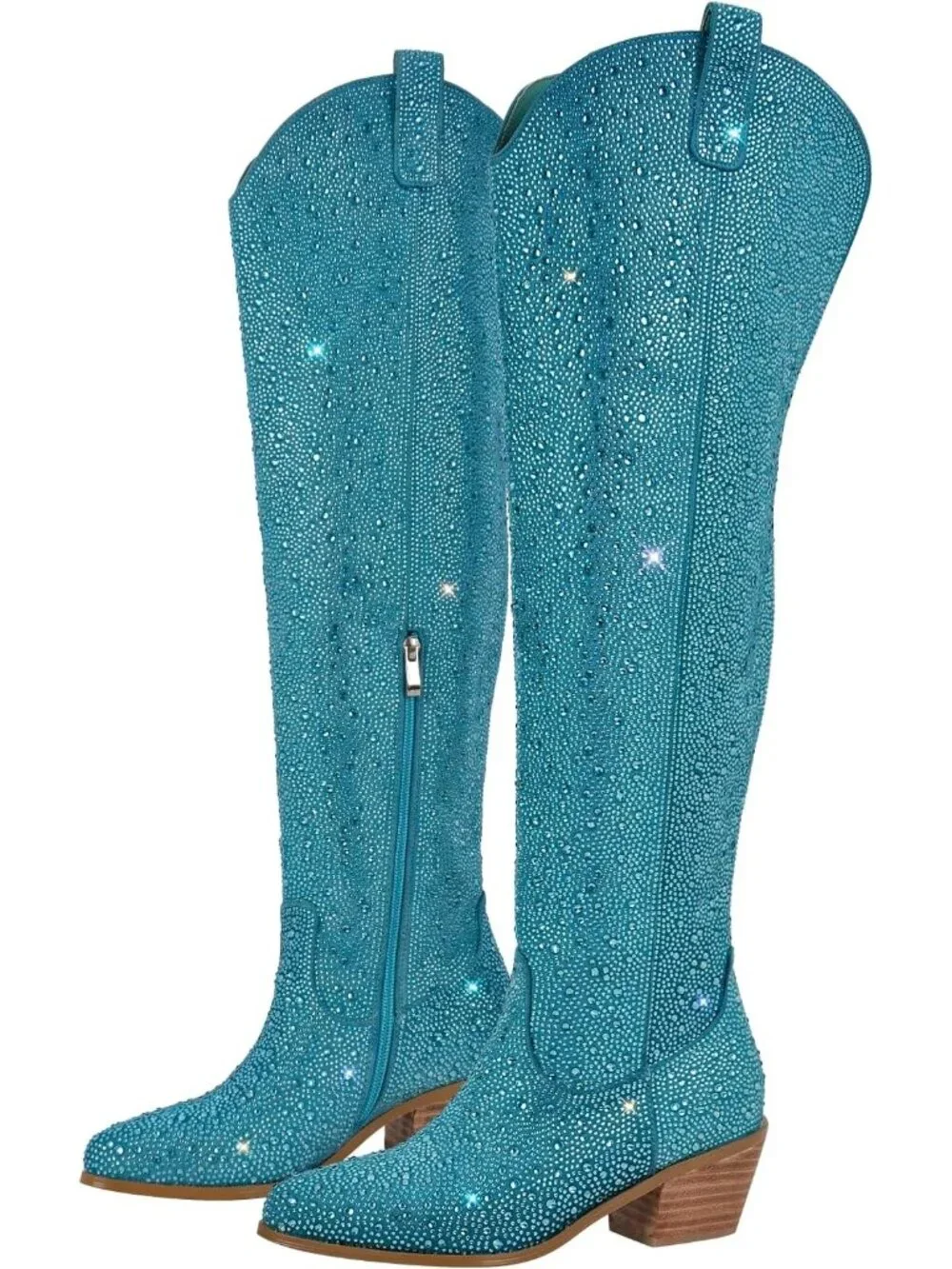🆕 Women's Royal Blue Embroidered Rhinestones Western Wide Calf Cowboy Boots